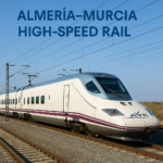 AVE high-speed train on the Almería–Murcia line under clear blue sky with electric tracks