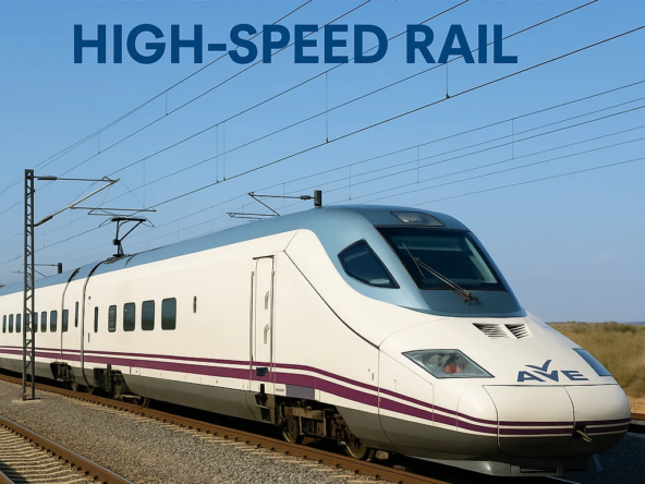 AVE high-speed train on the Almería–Murcia line under clear blue sky with electric tracks