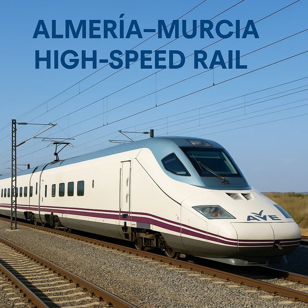 AVE high-speed train on the Almería–Murcia line under clear blue sky with electric tracks