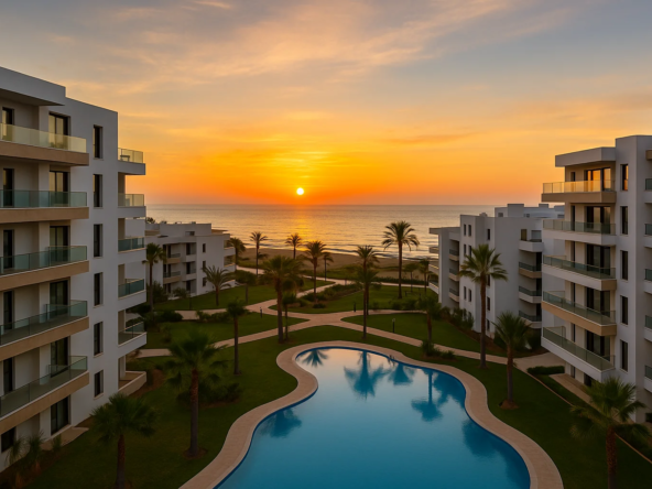 Modern residential apartments in Vera Playa at sunrise – Almeria property market 2025