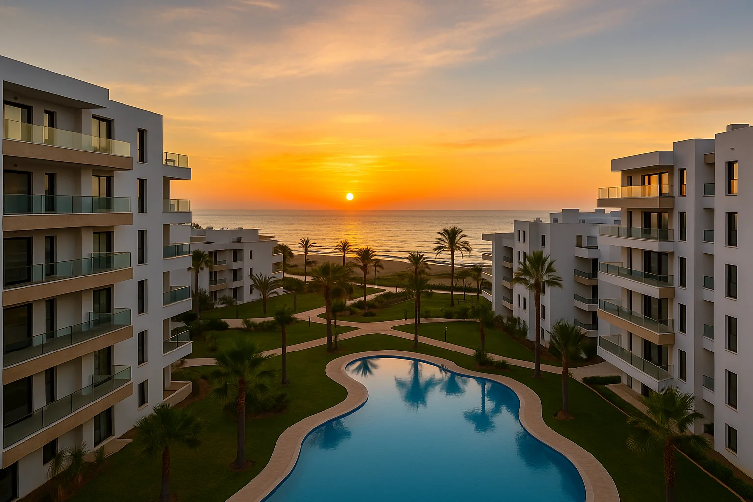 Modern residential apartments in Vera Playa at sunrise – Almeria property market 2025