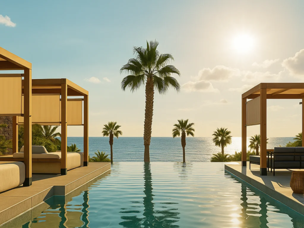 Pool and relaxation areas at Las Terrazas Macenas, a new residential community for buyers in Mojacar